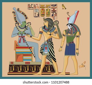 Pharaoh and the Egyptian gods, Osiris and Chorus. Illustration.