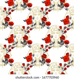 Cabeza faraón con rosas rojas sin fisuras. Diseño simbólico de tracería en Egipto. Dibujo vectorial hecho a mano en África. Dibujo beige claro lineal sobre fondo blanco.