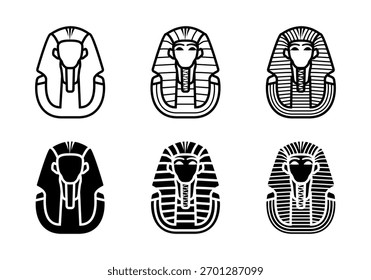 Conjunto de ícones do faraó. Um conjunto de ilustrações minimalistas de máscaras de faraó, representando a cultura, história e realeza egípcias antigas. Ideal para projetos históricos, culturais e educacionais.