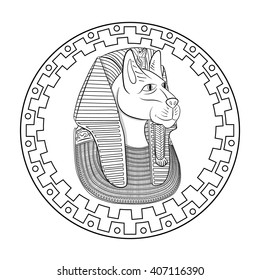 Pharaoh lioness head in the ethnic border. Coloring for adults. Zentangle.