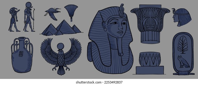 Tutankhamun’s pharaoh mask, column with lotus, palm, owl, cartouche, Cleopatra, pyramids, crane. Engraving style vector illustration. Ancient historical icons. Hand drawn emblem for premium identity.