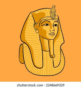 Tutankhamun’s pharaoh mask engraving style vector illustration. Ancient Egypt's historical character. Vintage hand drawn emblem. Perfect for premium identity, travel agency posters, African packaging.