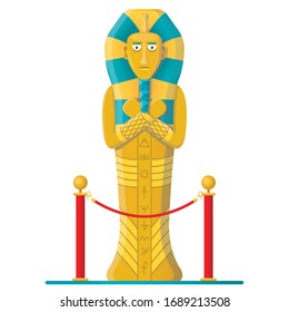 Pharaoh mummy cartoon. Ancient old large sarcophagus of gold color, ancient Egypt, with a cat on his head. Vector illustration for web sites and prints as well as game design.