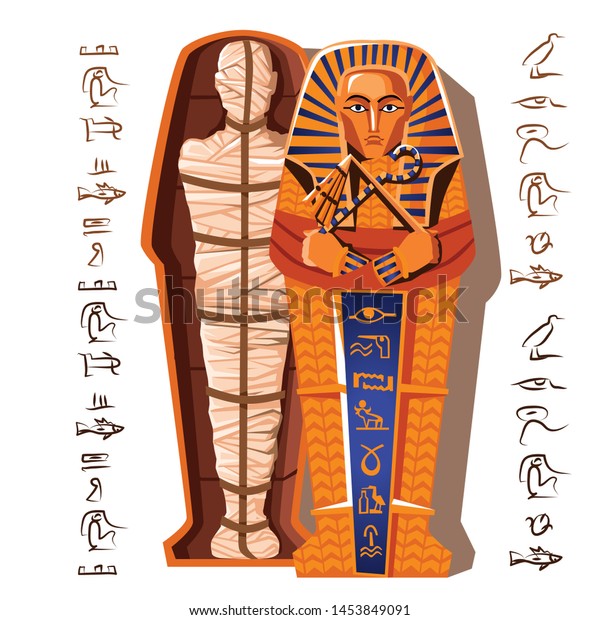 Pharaoh mummy cartoon vector illustration.
Mummification process end, embalming dead body, human corpse is
wrapping with cloth linen and placing in sarcophagus. Cult of dead
from ancient Egypt