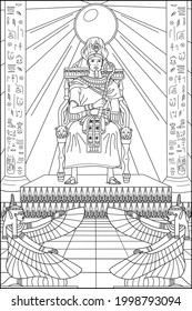 Pharaoh on the throne. Girls with wings. Coloring book for adults. Ancient world. Vector image.