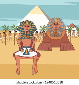 pharaoh on throne at  pyramids and sphinx background, vector illustration of ancient egyptian history