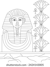 Pharaoh, pyramid, Egyptian background. Coloring page, icon, black and white vector illustration.