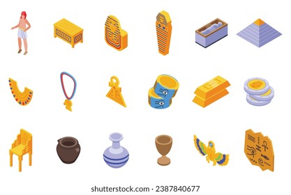 Pharaoh tomb icons set isometric vector. Ancient pillar. Interior pile gold