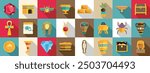 Pharaoh tomb icons set. This image features a set of colorful icons representing various aspects of ancient egyptian civilization, including its culture, artifacts, and symbols