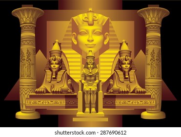 Pharaoh with two sphinxes monochrome