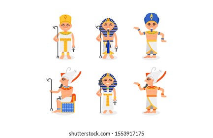 Pharaohs of Ancient Egypt In Different Clothes And On The Throne Vector Illustration Set Isolated On White Background