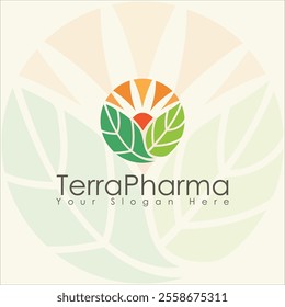 Pharma logo, terra, earth, planet, pharma science and nature of optimum health logo, icon,line art, abstract, minimal, vector design with sun, leaf and light concept which help to cure nature as well.