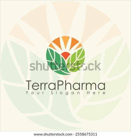 Pharma logo, terra, earth, planet, pharma science and nature of optimum health logo, icon,line art, abstract, minimal, vector design with sun, leaf and light concept which help to cure nature as well.