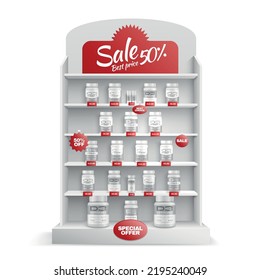 Pharma products mockup special offer realistic rack with vitamin packagings vector illustration