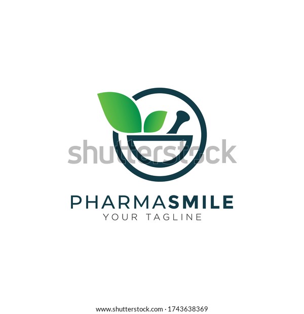 pharma smile logo, creative mortar, pestle and\
leaves vector