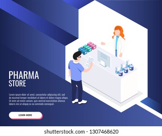 Pharma store concept. Patient and pharmacist doctor. Web banner, infographics. Vector illustration.