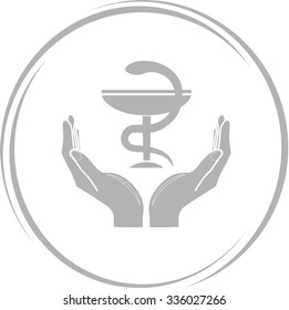 pharma symbol in hands. Internet button. Vector icon.