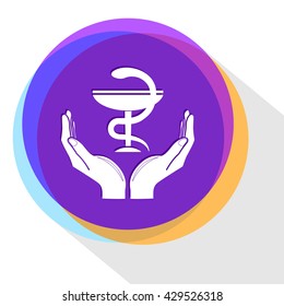 pharma symbol in hands. Internet template. Vector icon.