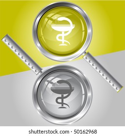 Pharma symbol. Vector magnifying glass.