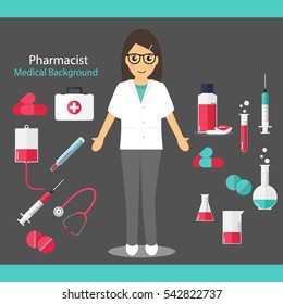 Antecedentes farmacéuticos. Farmacéutico con medicamentos e instrumentos. Ilustración vectorial.