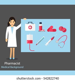 Pharmaceutic background. Pharmacist with medicine and instruments. Vector illustration.