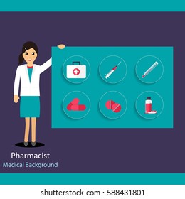 Pharmaceutic background. Pharmacist with medicine and instruments. Vector illustration.