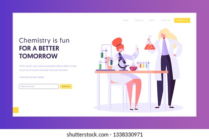 Pharmaceutic Education and Research Concept Landing Page. Scientist Female Character in Glasses at Chemistry Lab. Biotechnology Experiment Website or Web Page. Flat Cartoon Vector Illustration