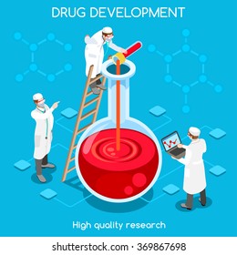 Pharmaceutic Industry Bio Lab Science Molecule protein drug Development. Flat 3d chemical concept infographic. Pharmaceutic Laboratory flask Clinical Research drug Lab worker Isometric people vector