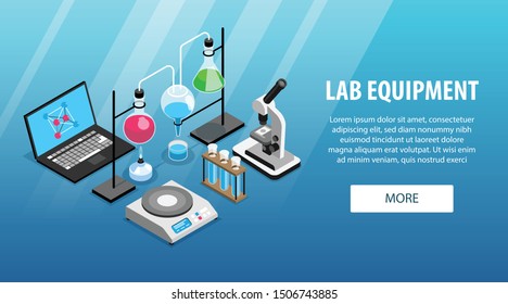 Pharmaceutic laboratory equipment isometric horizontal banner with microscope computer flasks tubes on blue background 3d vector illustration
