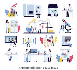 Pharmaceutic laboratory research chemistry scientists set with isolated compositions of human characters lab equipment and furniture vector illustration