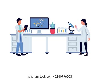 Pharmaceutic laboratory research chemistry scientists composition with human characters and lab equipment vector illustration