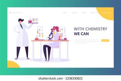 Pharmaceutic Laboratory Research Concept Landing Page. Scientists Characters Working in Chemistry Lab with Medical Equipment Microscope, Flask, Tube Website. Vector illustration