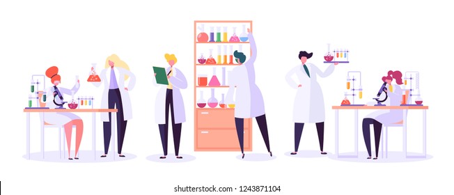 Pharmaceutic Laboratory Research Concept. Scientists Characters Working in Chemistry Lab with Medical Equipment Microscope, Flask, Tube. Vector illustration