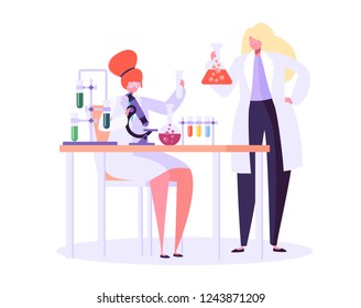 Pharmaceutic Laboratory Research Concept. Scientists Characters Working in Chemistry Lab with Medical Equipment Microscope, Flask, Tube. Vector illustration