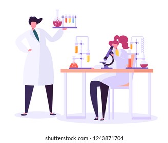 Pharmaceutic Laboratory Research Concept. Scientists Characters Working in Chemistry Lab with Medical Equipment Microscope, Flask, Tube. Vector illustration