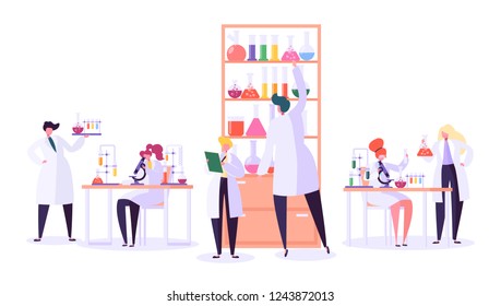 Pharmaceutic Laboratory Research Concept. Scientists Characters Working in Chemistry Lab with Medical Equipment Microscope, Flask, Tube. Vector illustration