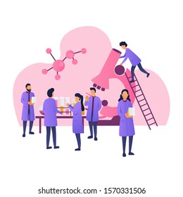 Pharmaceutic Laboratory Research Concept. Scientists Characters Working in Chemistry Lab with Medical Equipment Microscope.