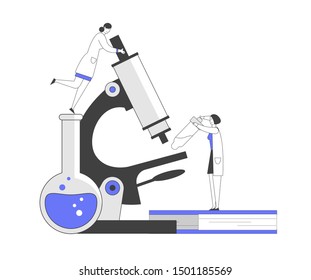 Pharmaceutic Laboratory Research Concept. Women Scientists Characters Working in Chemistry Lab with Medical Equipment Microscope Flask Pipette Experiment. Cartoon Flat Vector Illustration, Line Art