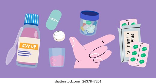Pharmaceutic vector illustration set. Cartoon retro groovy stickers of medicines and pills for illness. Vitamins, pills, tablets, syrup. Medicine, pharmacology concept