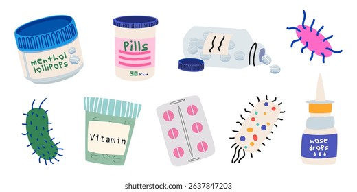 Pharmaceutic vector illustration set. Cartoon retro groovy stickers of medicines and pills for illness. Vitamins, pills, tablets, syrup. Medicine, pharmacology concept