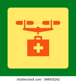 Pharmaceutical Air Drone Shipment vector icon. Style is flat rounded square button, orange and yellow colors, green background.