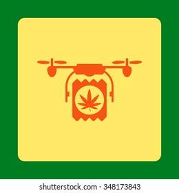 Pharmaceutical Airdrone Shipment vector icon. Style is flat rounded square button, orange and yellow colors, green background.