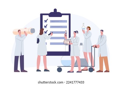 Pharmaceutical audit concept. Scientist with lab equipment and doctors. Hospital or laboratory management. Medication development vector process