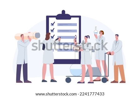 Pharmaceutical audit concept. Scientist with lab equipment and doctors. Hospital or laboratory management. Medication development vector process