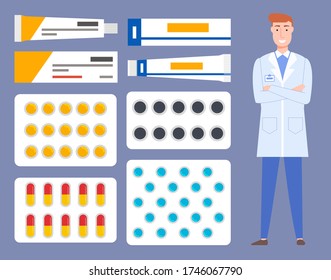 Antecedentes farmacéuticos. Farmacéutico con medicamentos e instrumentos. Médico masculino con uniforme médico. Tubos de pomada y blisters multicolores con comprimidos, cápsulas. Ilustración plana