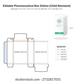 Pharmaceutical box dieline and 3D mockup with key