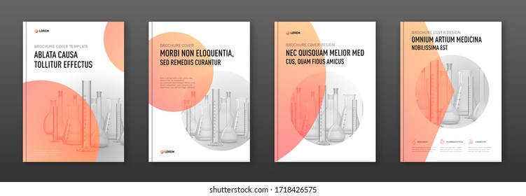 Pharmaceutical brochure cover design layout set with flasks vector illustration. Good for medical annual report, laboratory catalog design.