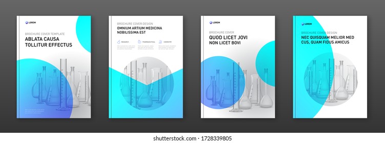 Pharmaceutical brochure cover design layout with flasks vector illustration. Good for medical annual report, laboratory catalog design, company profile