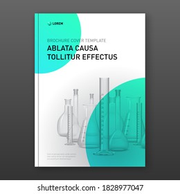 Pharmaceutical brochure cover design layout set with flasks vector illustration. Good for medical annual report, laboratory catalog design.