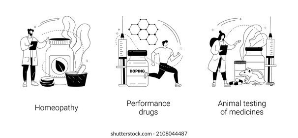 Pharmaceutical business abstract concept vector illustration set. Homeopathy, performance drugs, animal testing of medicines, anabolic steroids, holistic approach, natural drug abstract metaphor.